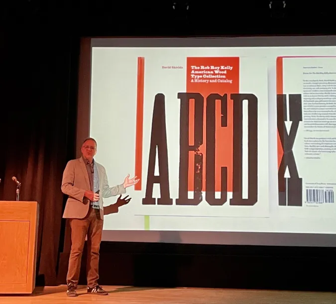 David Shields presenting on his book about the RRK at the Harry Ransom Theatre in October 2023