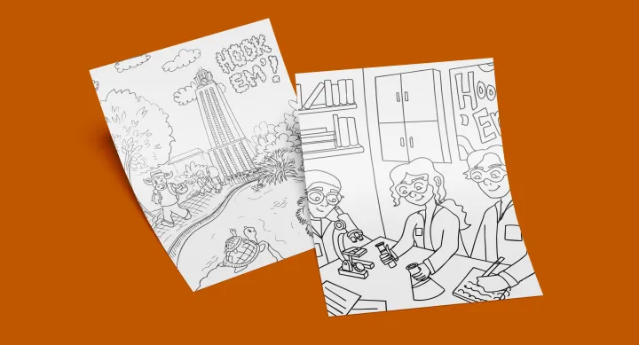 A mockup of two UT Austin coloring book pages against a burnt orange background