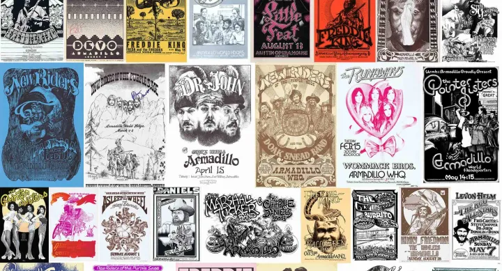 Collage of vintage concert posters from the Armadillo World Headquarters era in Austin, Texas. The posters feature hand-drawn illustrations and stylized typography advertising performances by musicians such as Freddie King, Dr. John, Devo, Ravi Shankar, Little Feat, the Flying Burrito Bros, the Pointer Sisters, and more. Designs vary in color and style, showcasing a psychedelic and Western aesthetic.