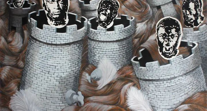 A painting by Michael Ray Charles depicting stylized Black-and-white portrait faces emerging from medieval castle towers, surrounded by swirling waves of auburn hair.