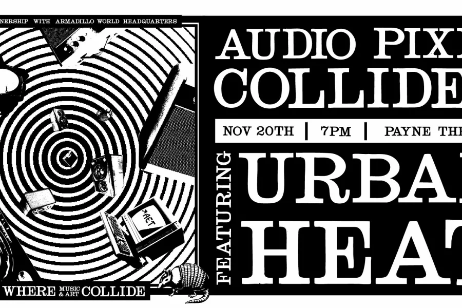 Black and white graphic poster for “Audio Pixel Collider” featuring the band Urban Heat. A hypnotic spiral design radiates from the center, surrounded by musical and tech equipment like amps, mics, screens, and an armadillo. Event details read: Nov 20th · 7PM · Payne Theater. Text at the bottom says “Where Music & Art Collide.”