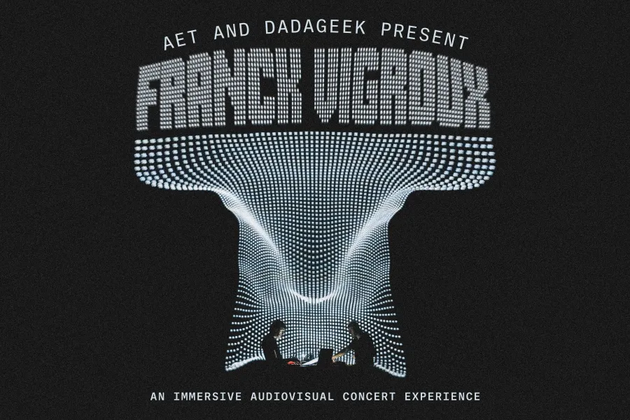 A projected performance of Franck Vigaroux promoting an upcoming immersive concert experience. Presented by AET and Dadageek.