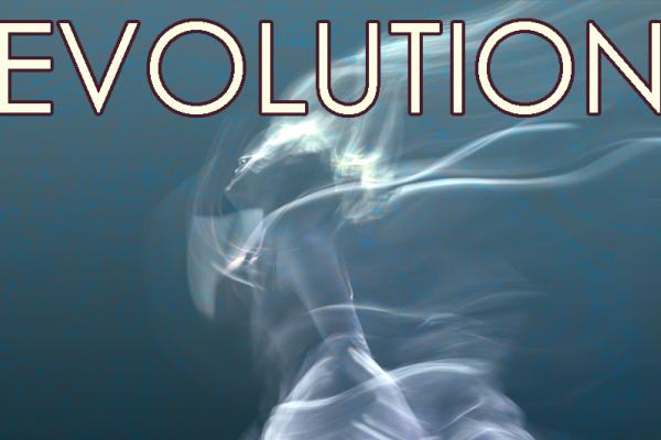 "EVOLUTION" over a slow-motion capture image of a dancer against a dark teal background