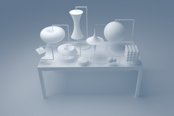 2D graphic of white table with 3D white objects of all shapes and sizes against a light blue-gray background