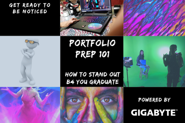 Nine tiles in graphic 1. Text says "get ready to be noticed" 2. picture of laptop computer 3. colorful liquid 4. cartoon figurine with sunglasses 5. text says "Portfolio 101: How to stand out before you graduate" 6. students filming in front of green scre