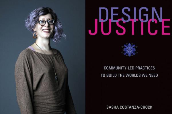 Sasha Costanza-Chock's headshot on the left; a photo of the cover of her book "Design Justice" on the right