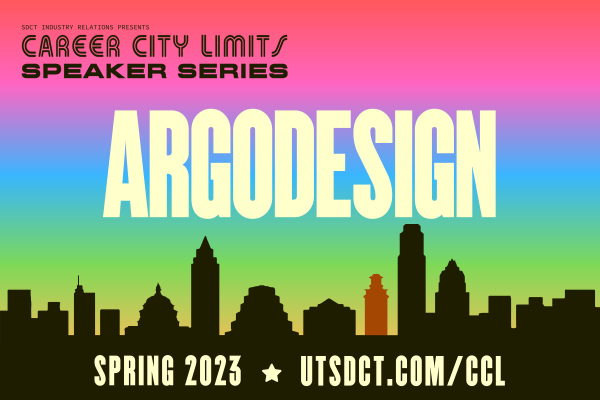 colorful graphic with Austin skyline promoting Career City Limits session with argodesign