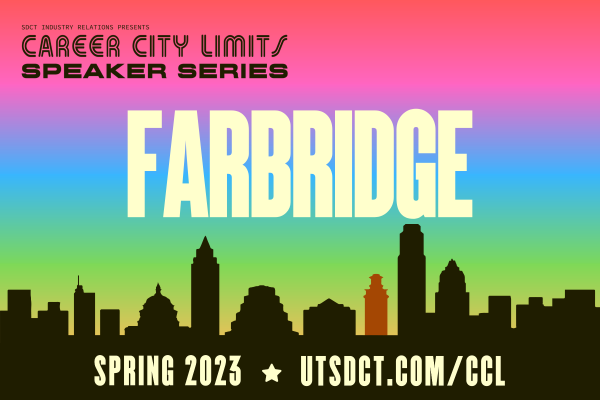 colorful graphic with Austin skyline promoting Career City Limits session with FarBridge