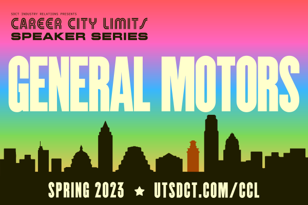 colorful graphic with Austin skyline promoting Career City Limits session with General Motors