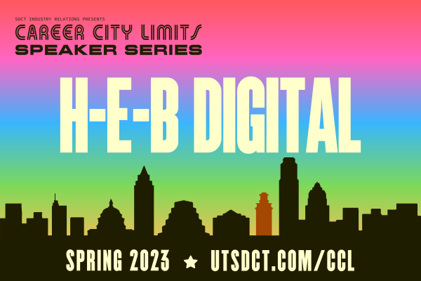 colorful graphic with Austin skyline promoting Career City Limits session with H-E-B Digital