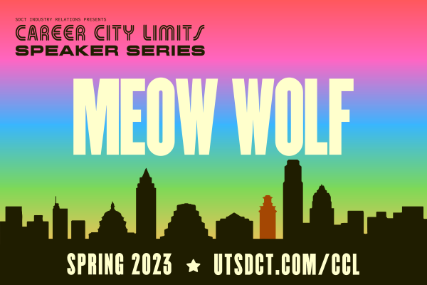 colorful graphic with Austin skyline promoting Career City Limits session with Meow Wolf