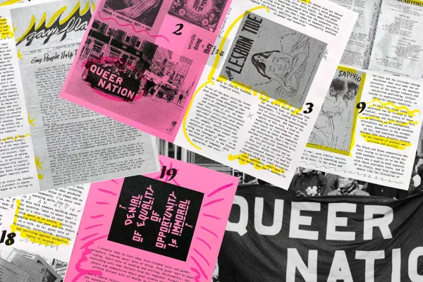 A collage of LGBTQ+ zines, protest materials, and publications by artist Paul Soulellis, featuring bold typography and handwritten annotations. The image includes a prominent black-and-white photograph of activists holding a 'Queer Nation' banner, along with pink-highlighted sections containing phrases like 'Denial of equality of opportunity is immoral.' Various pages from zines such as 'The Lesbian Tide' and 'Gay Flames' are layered throughout, with yellow highlights emphasizing key text passages.