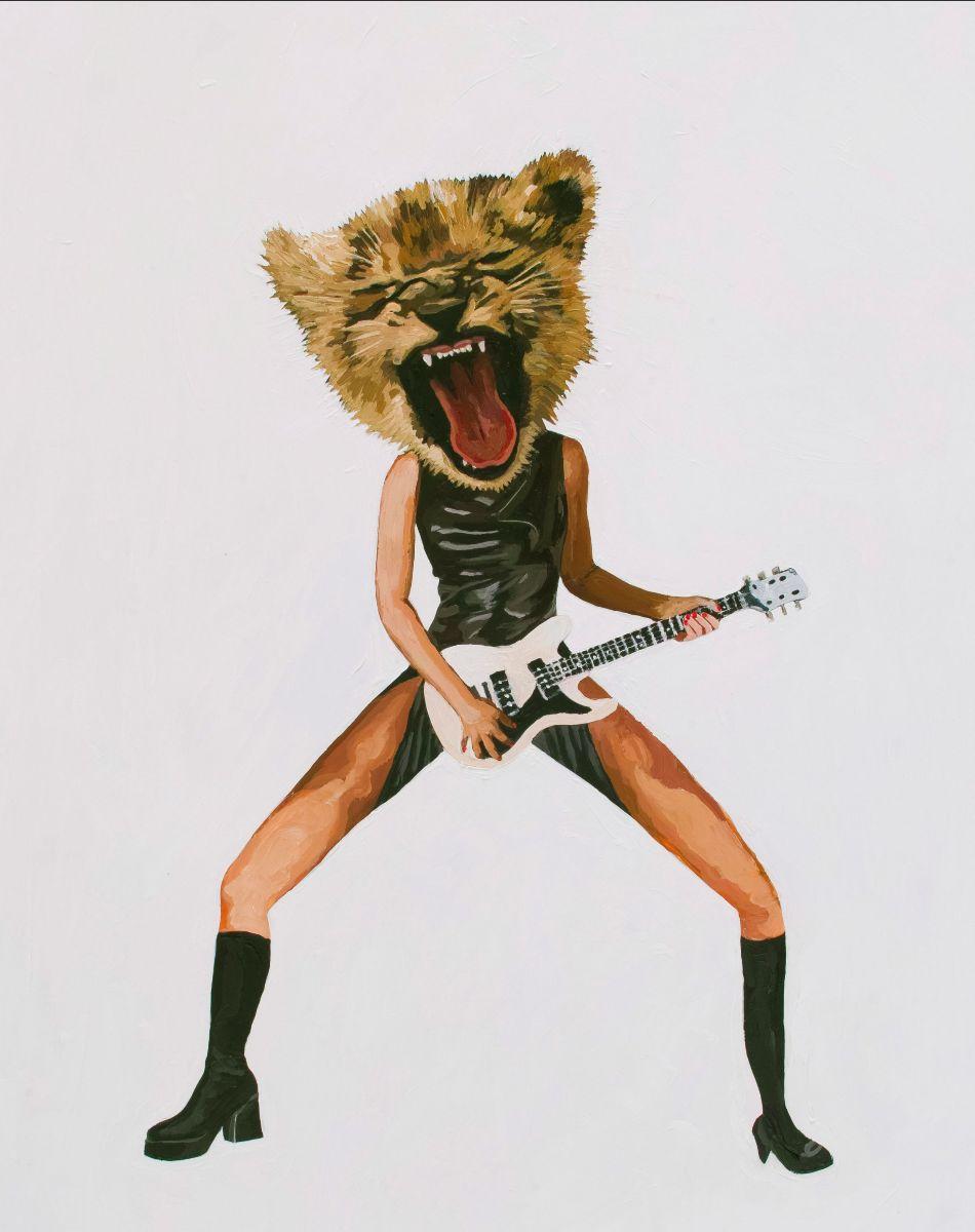 acrylic painting of a person wearing a form-fitting black dress and black knee-high boots playing a white electric guitar. the figure&#039;s large head is a cheetah with it&#039;s eyes squinted and tongue sticking out.