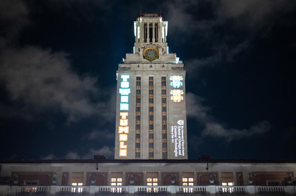 The UT Tower features a video game projection