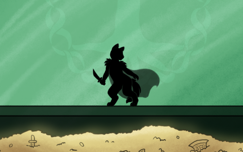 silhouette of cat-like character with cape and sword against a green background