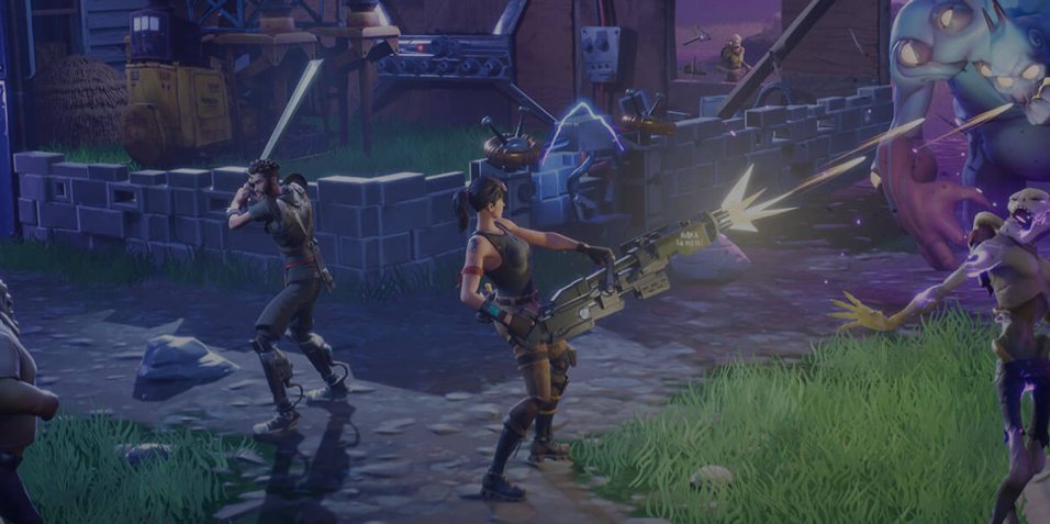 still image of Epic Games' Fortnite in which two characters combat evil monsters