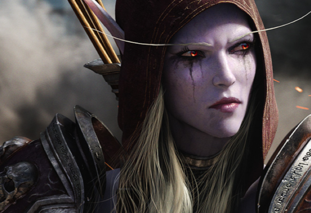 close up of an elvish figure with purple skin and red eyes from World of Warcraft by Blizzard Entertainment. the character has a bow and arrows on its back