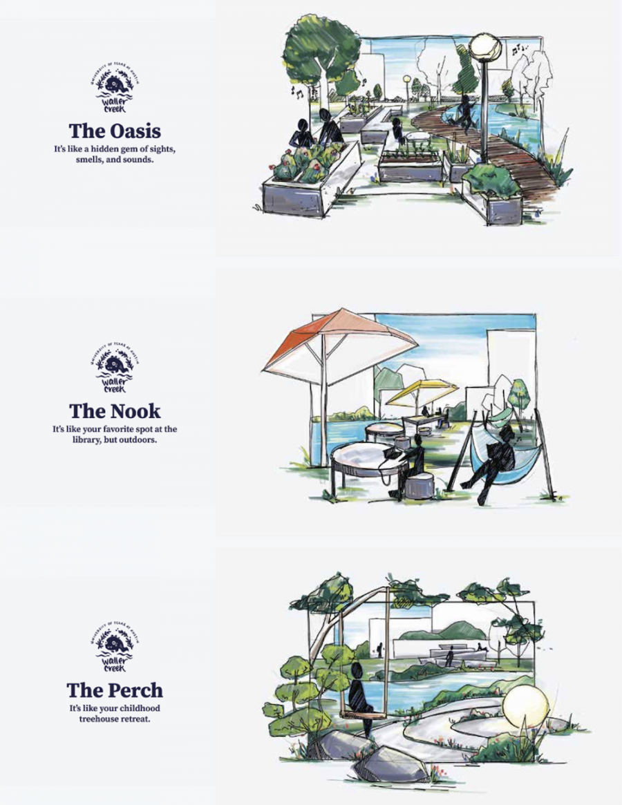 Waller Creek Studio final Design Proposals including The Oasis, The Nook, and the Perch