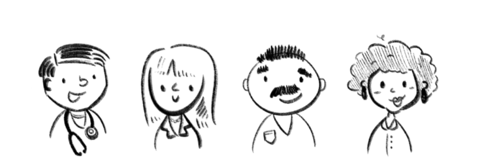 Hand-drawn characters representing four community members. From left to right: a young man with stethoscope, a young woman, an older man with a mustache, and an older woman with hoop earrings.