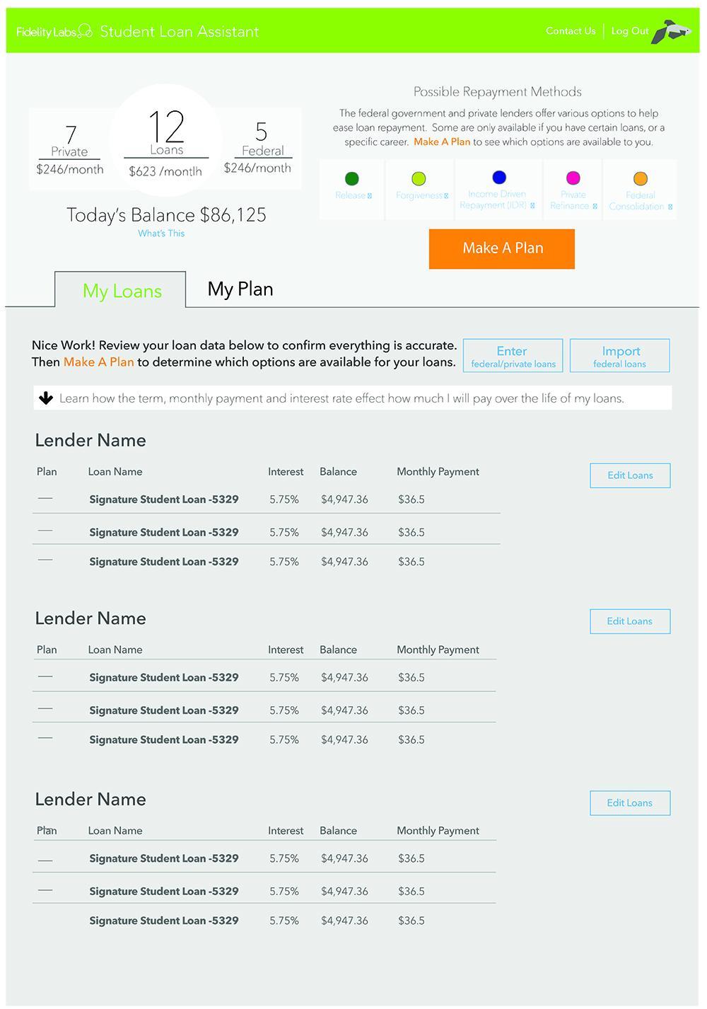 Prototype of student loan tool by Fidelity Labs.