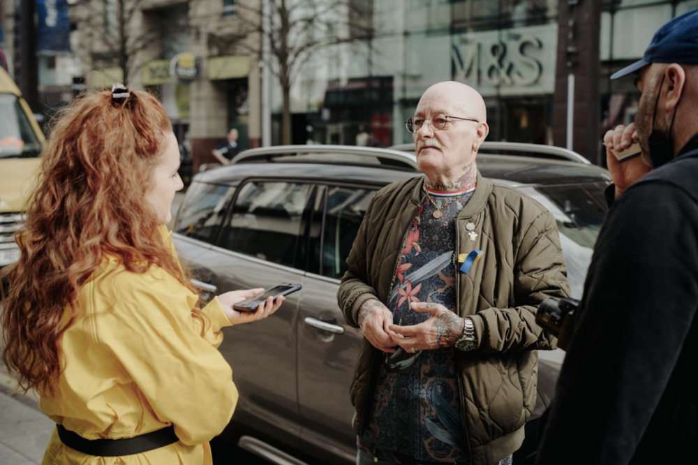 Interview with older man at Donegal Place checkpoint