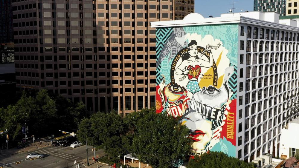 Image of The Beauty of Liberty and Equality mural by Sandra Chevrier and Shepard Fairey