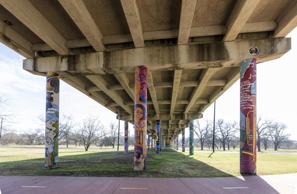 Image of The Pillars Project mural by fifteen different artists in Austin