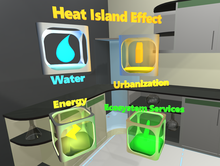 still image of VR Futures Project created by Planet Texas 2050. Text at the top says "Heat Island Effect" with four options: Water, Urbanization, Energy and Ecosystem Services