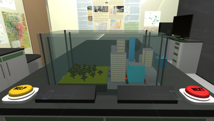 still image of VR Futures Project created by Planet Texas 2050. a small-scale model of a city sits on a table. a yellow button to the left says "Help" and a red button to the right says "Next"