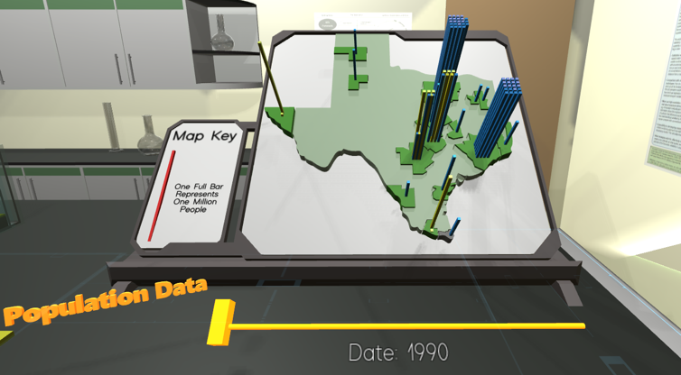 still image of VR Futures Project created by Planet Texas 2050. a map of Texas displays population data in the form of a 3D bar graph across the state