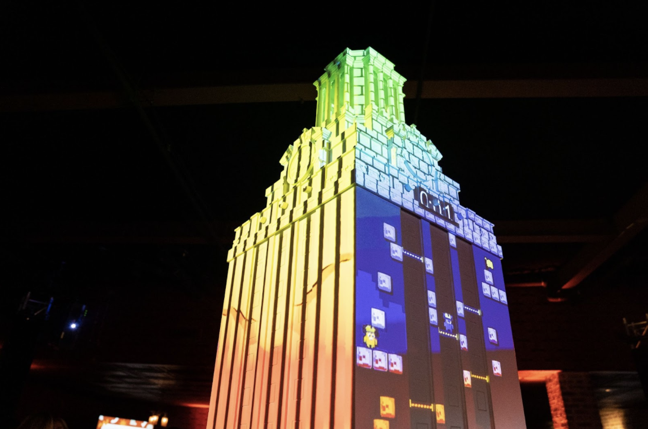 Ten foot UT Tower replica with projection mapping content from dadaLab and Tower Tumble