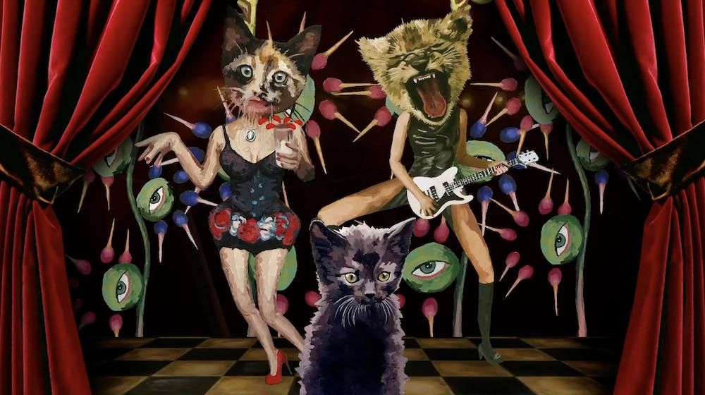 Still image from Always and Forever, an original animation from AET professor Yuliya Lanina. Two part-animal, part-human figures are on a stage with a black cat. The first figure holds a drink while the second figure plays electric guitar