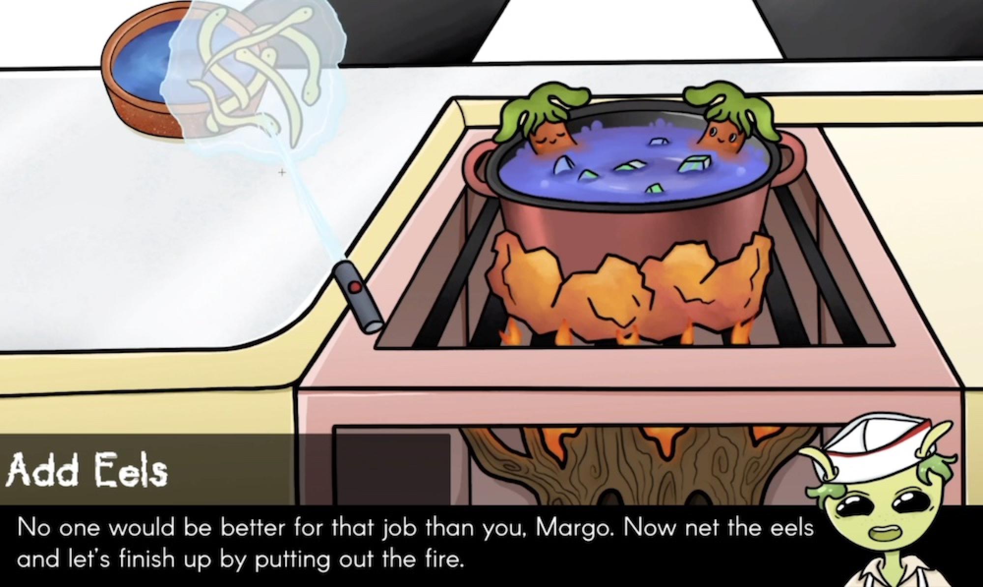 still image from "Cosmic Cooking" featuring the alien chef giving directions for how to cook alien food