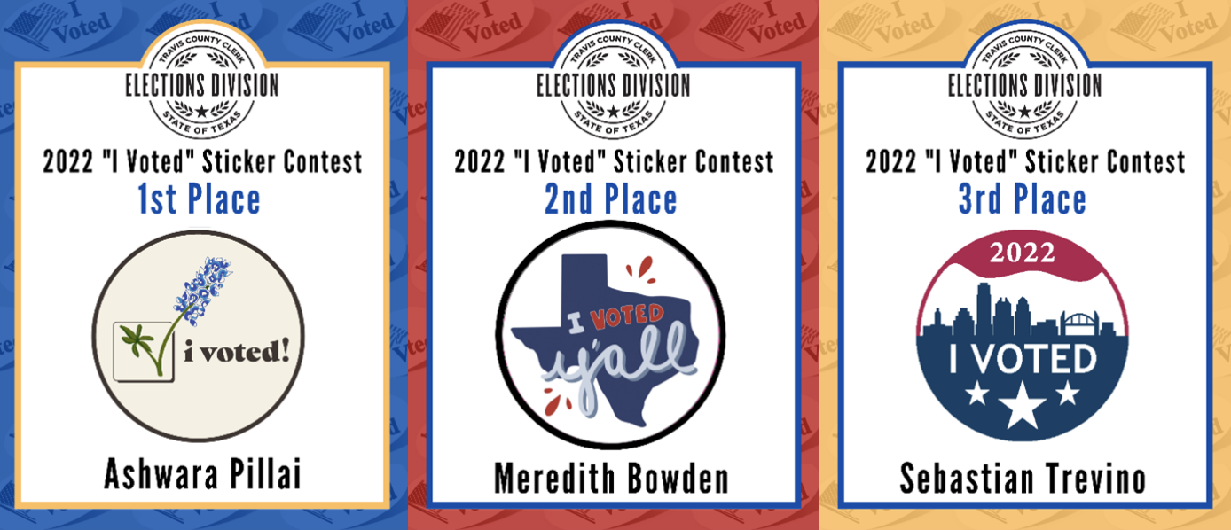 The three winning designs for the new Voted sticker for Travis County, all three of which were submitted by UT Austin Design majors