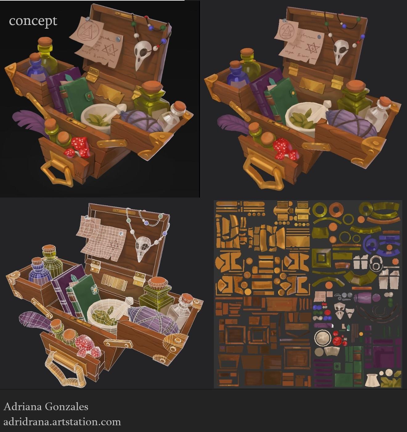 process collage of 3D modeled and textured chest full of potions and ingredients by Adriana Gonzales