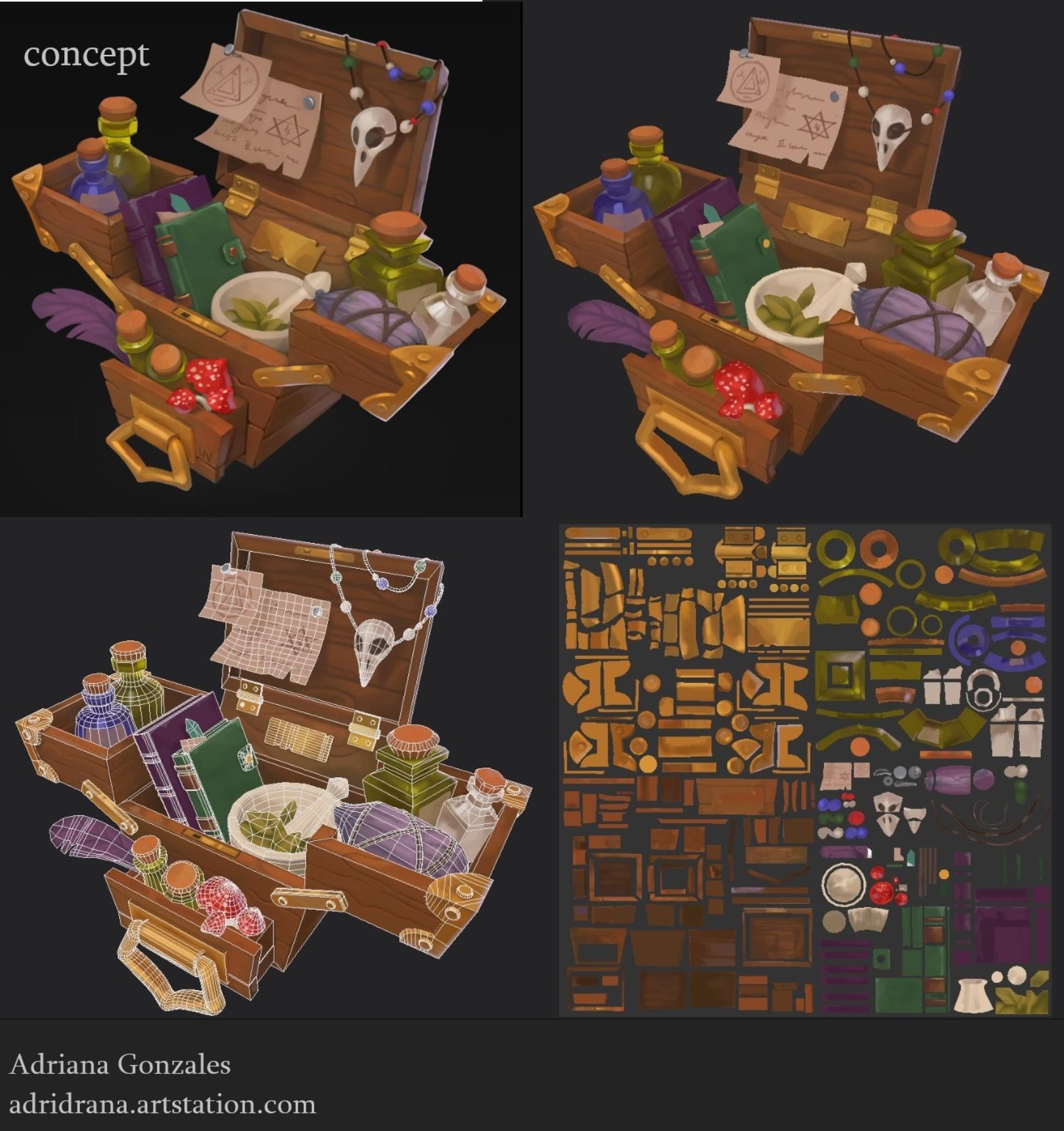 process collage of 3D modeled and textured chest full of potions and ingredients by Adriana Gonzales