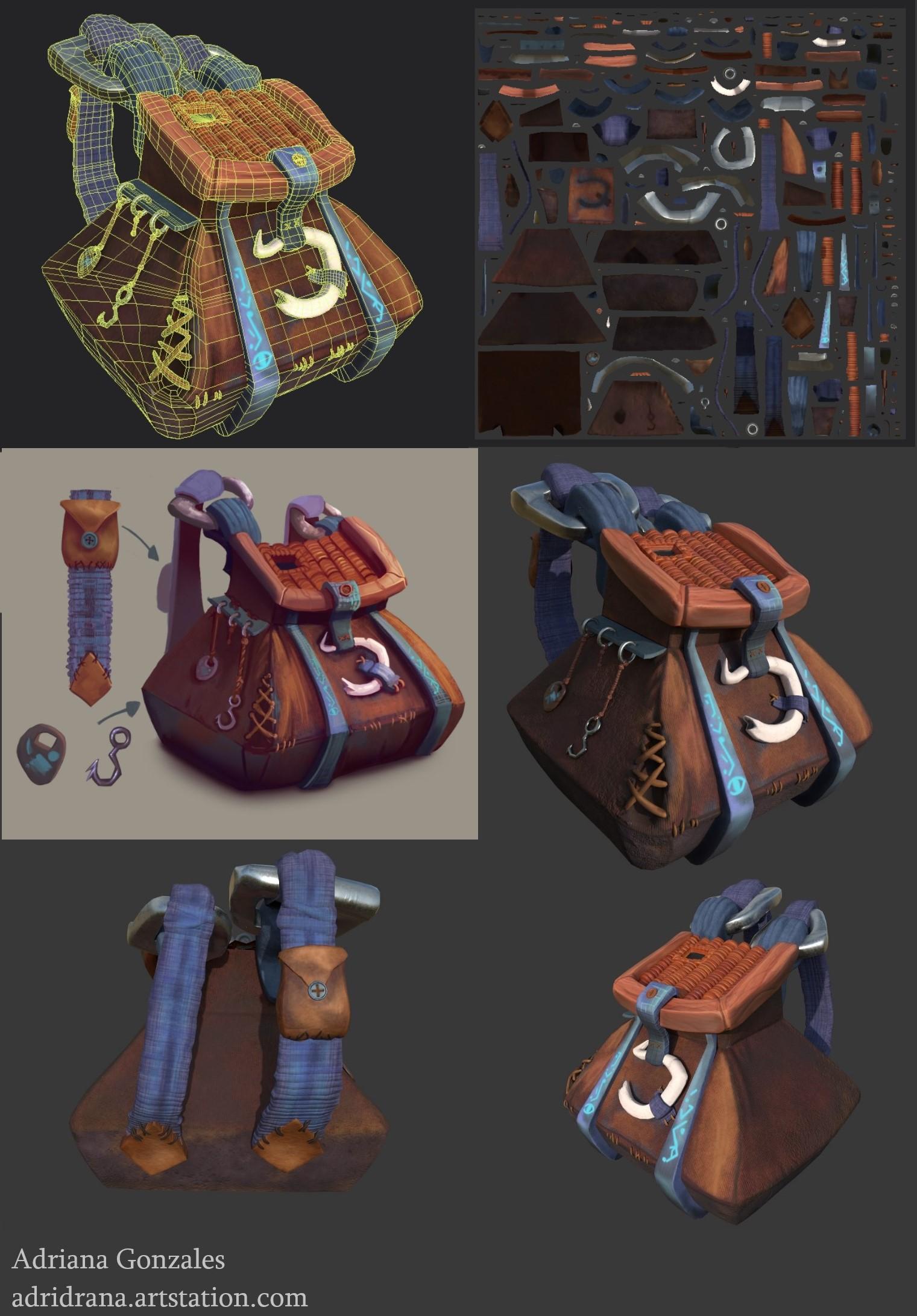 process collage of 3D modeled and textured ornate backpack by Adriana Gonzales