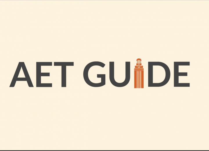 PowerPoint Title Slide. Text reads "AET Guide" and the "I" in "Guide" is the UT Tower