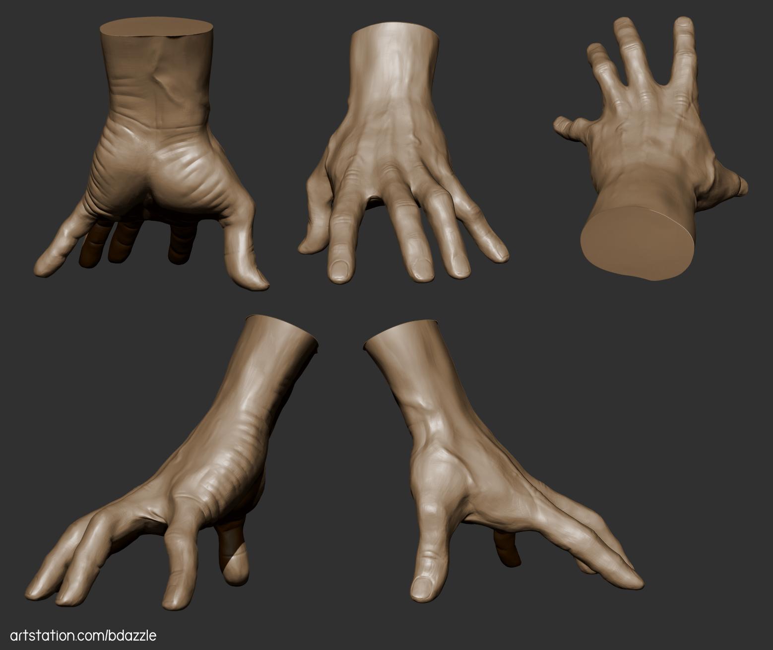 3D sculpted hand with fingers pressing down from multiple points of view by Britney Luong