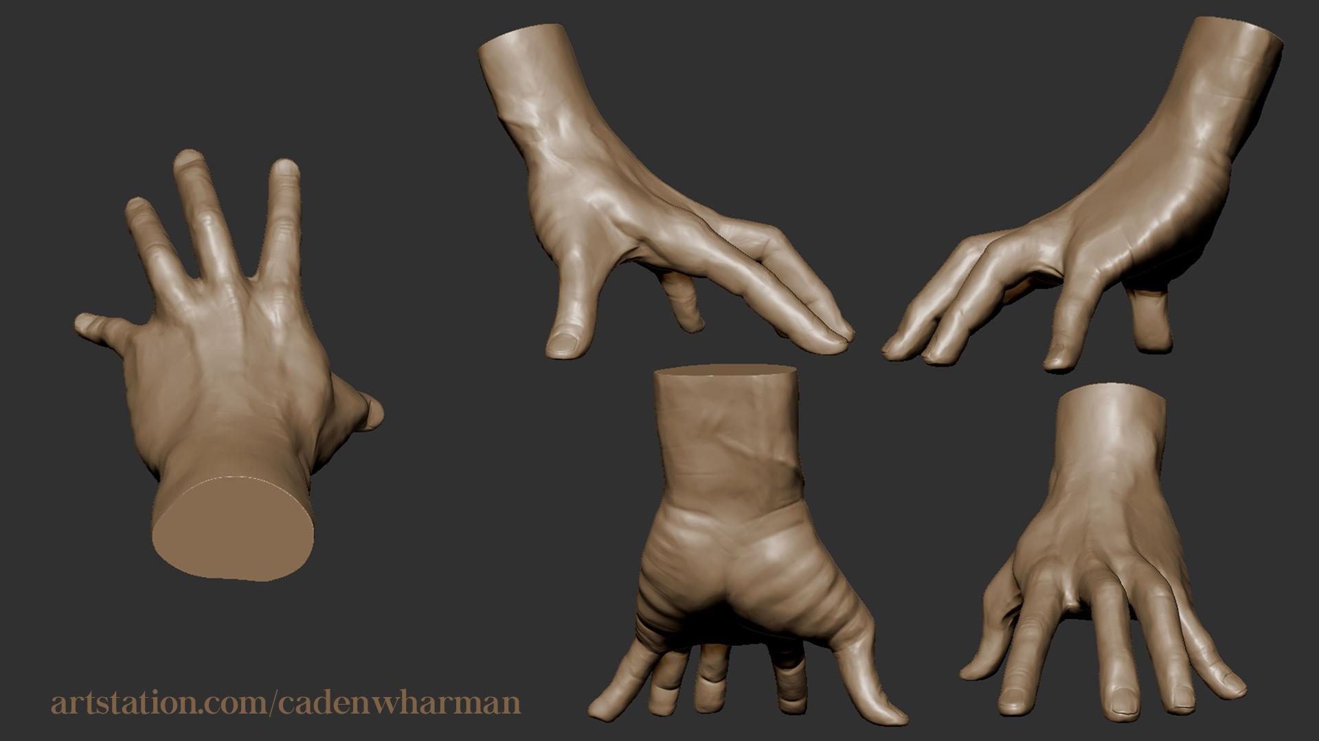 3D sculpted hand with fingers pressing down from multiple points of view by Caden Harman