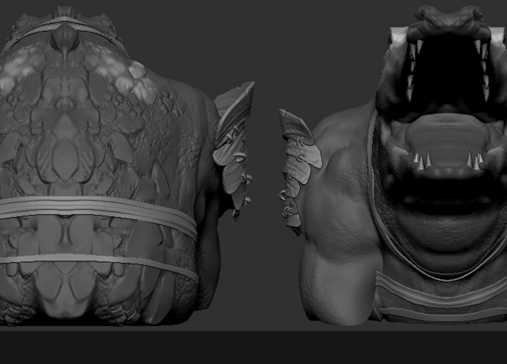  3D sculpt of crocodile warrior head from four different angles. made in ZBrush by AET senior Jessica Chambers. modeled after a piece of concept art sourced by Professor Oster.
