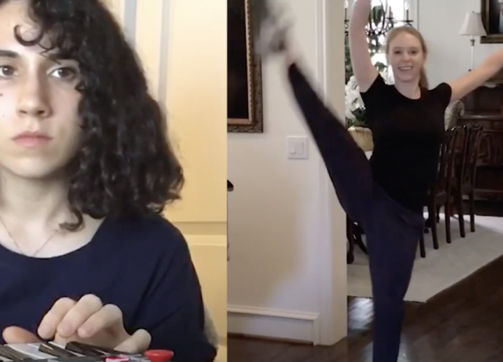 split screen: on the right, a student choreographer dances to music composed by Annalee AbuHamad (on the left), a senior AET major