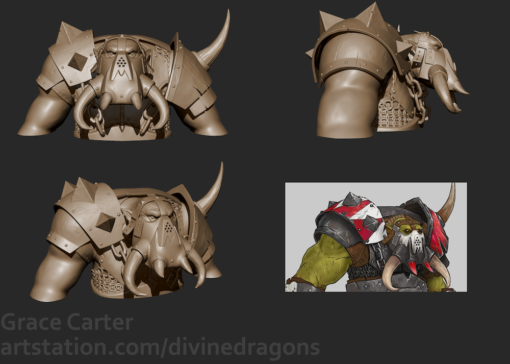 3D sculpted mythical character with tusks and armor by Grace Carter with concept art