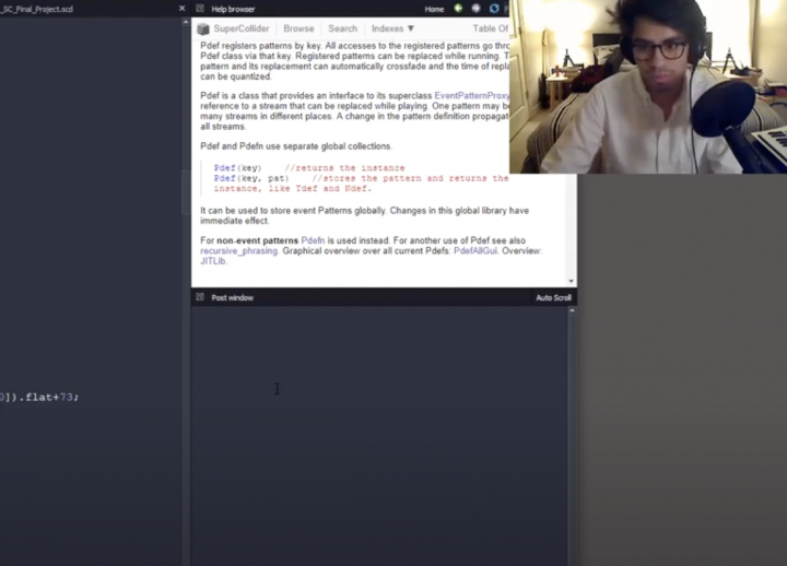 screenshot of AET senior Ean Herrera live-programming audio in SuperCollider 