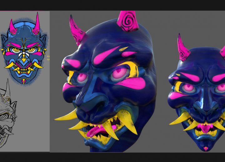 2D sketches and 3D renderings of AET senior Jessica Chamber's Oni Mask, inspired by hannya oni masks (sculpted in ZBrush and textured in Substance Painter)