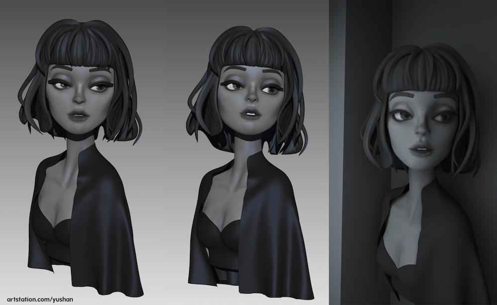 3D modeled and textured woman with short hair in black-and-white noir style by Yushan Sha