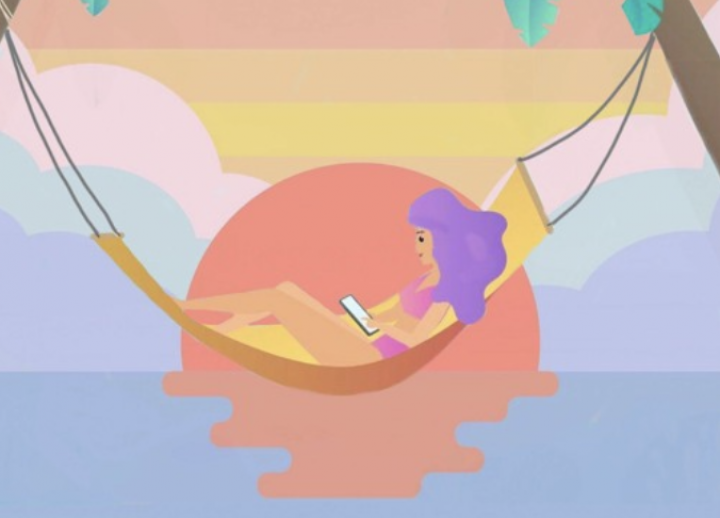 colorful 2D graphic of woman laying in a hammock between two palm trees over an ocean with a beautiful pastel sunset in the background. she is focused on her touchscreen phone