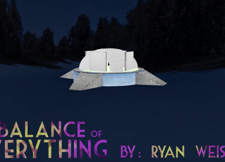 3D rendering of a structure in a clearing in a wooded area. text reads: The Balance of Everything by Ryan Weisner