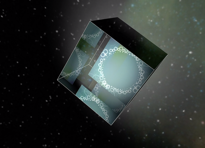 floating transparent cube in space created in Notch for AET senior Laura Godinez' The Room (in partnership with fellow AET senior Harry Wilde Greer)