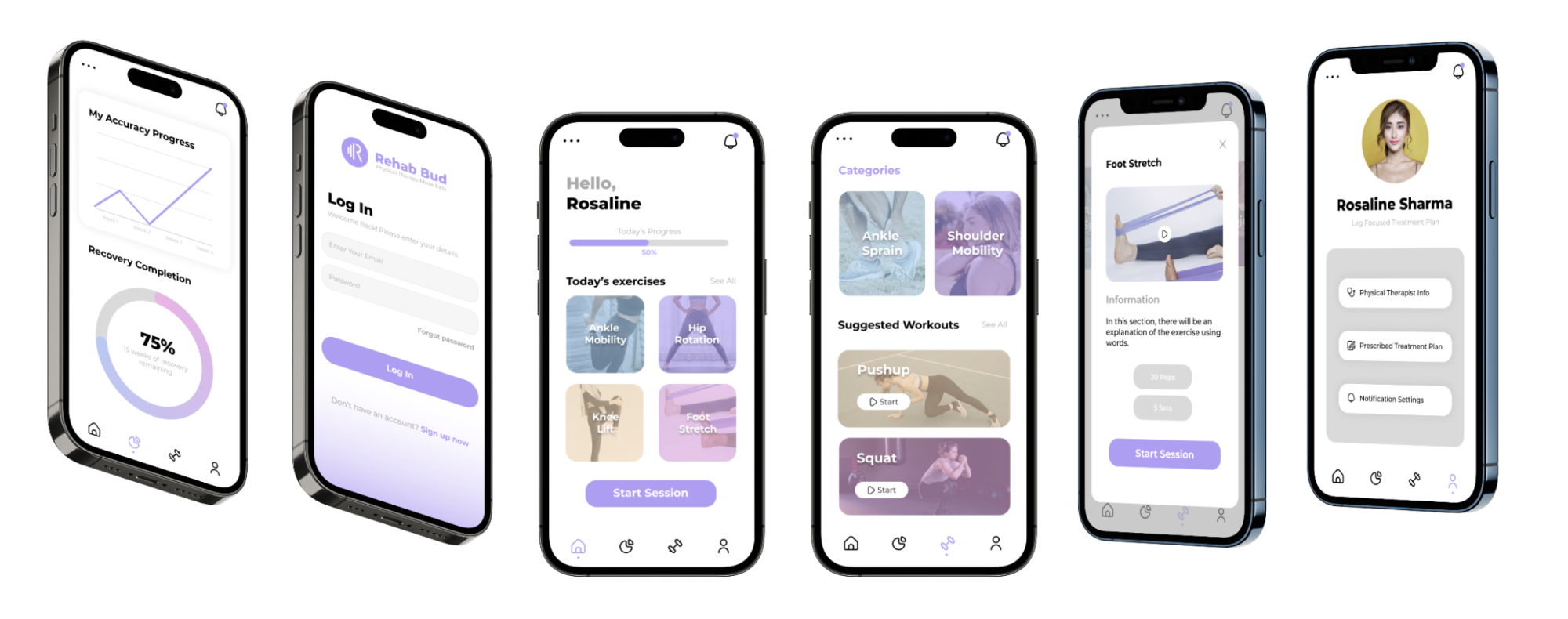 Final wireframes for Rehab Bud, an app designed by Design student Ishita Sisodia for Texas Convergent